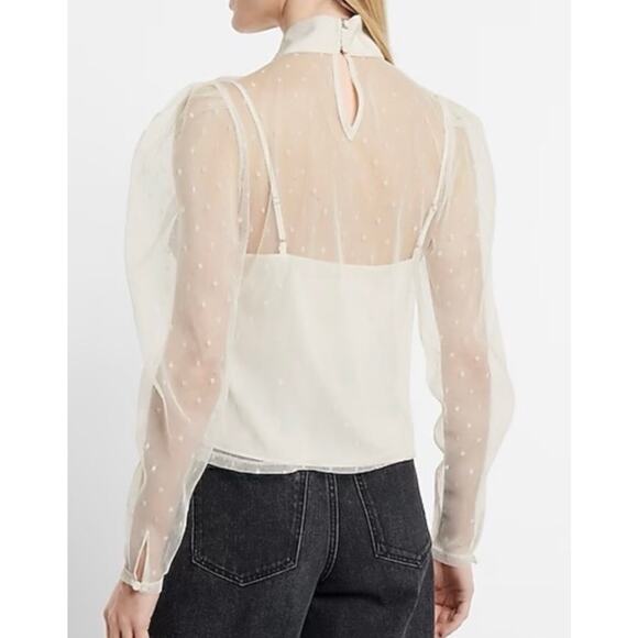 Express Tulle Polka Dot Mock Neck Puff Sleeve Blouse XS NWT Ivory White - Picture 2 of 8